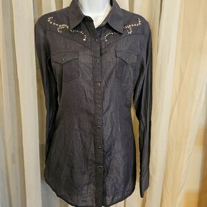 Ariat Western Long Sleeve Gray Metallic Button Down Studs Size L Cowgirl